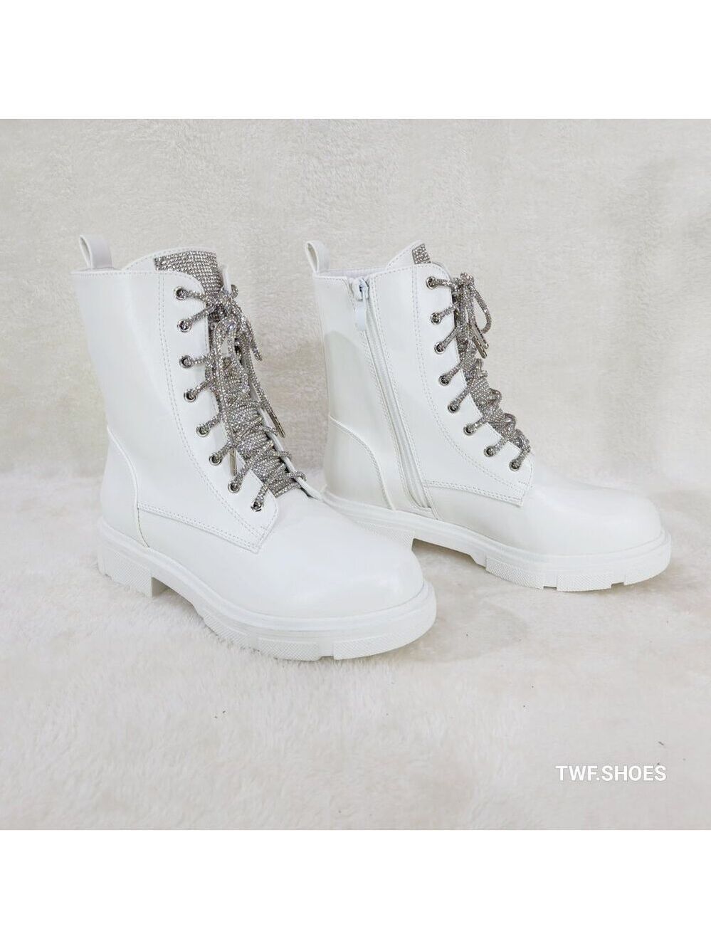 Rylee White Combat Ankle Boots Iridescent Rhinestone Tongue and Rope Lac…